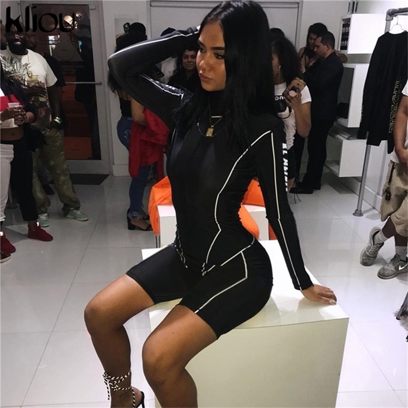 Kliou new women turtleneck full sleeve fitness playsuit white striped patchwork letter print push up skinny casual bodysuit T200113
