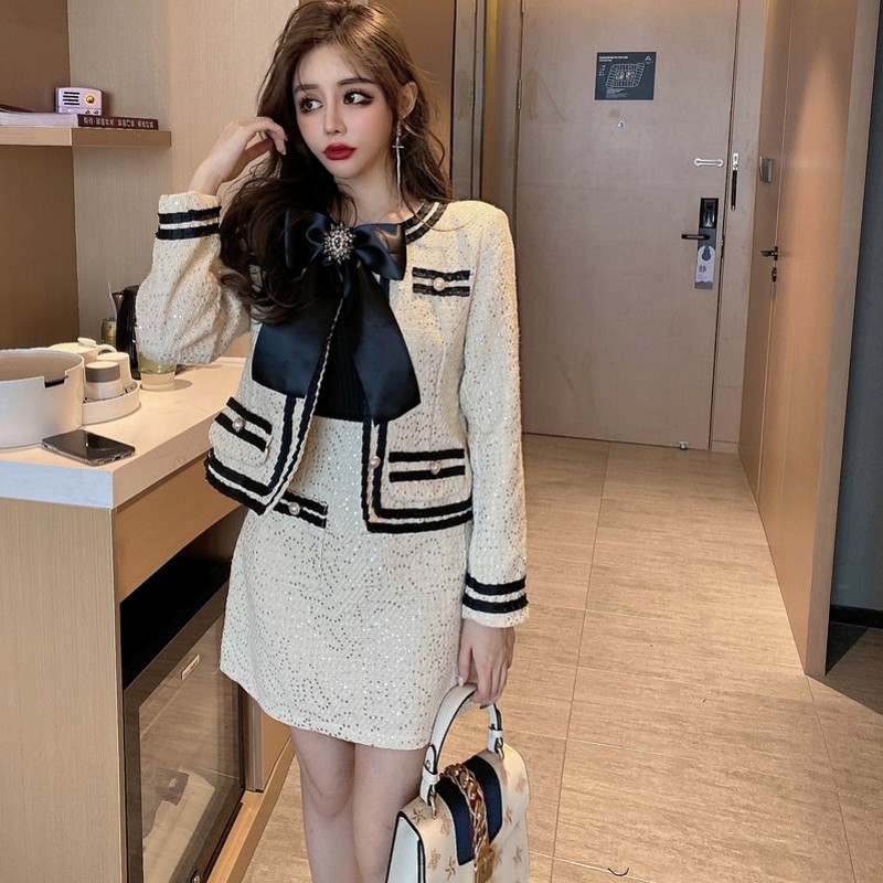 Arrival Runway Fall Winter Womens Sequins Pearl Buttons Bow Tie Tweed Jecket Top Coat High Waist Skirt 2 Piece Set Suit 220817
