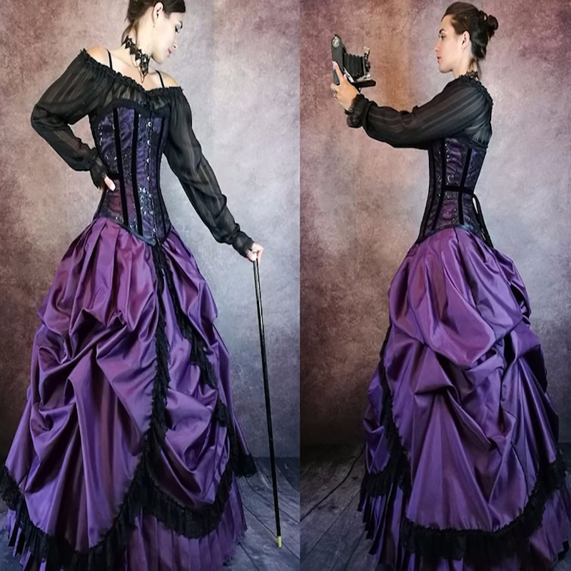 Retro Black Purple Gothic Wedding Dress 2022 Off Shoulders Long Sleeve Medieva Wedding Gowns Taffera Ruffles Lace Civil Bride Party Wear Vestido De No