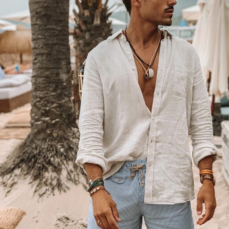 Vintage Cotton Linen Shirt Men Casual Long Sleeve Oversize Tops V Neck Boho Style Mens Shirts Men's Breathable T-shirt Plus Size 220322