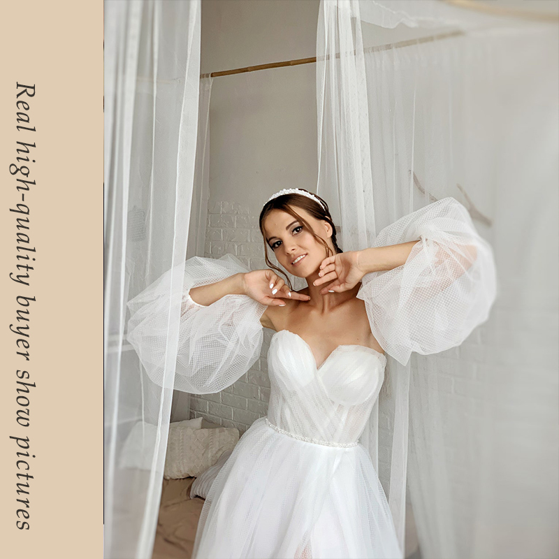 Vestido De Novia New Bride Gowns Detachable Puff Sleeves Wedding Dress Beading Off the Shoulder Tulle Boho Split 2022