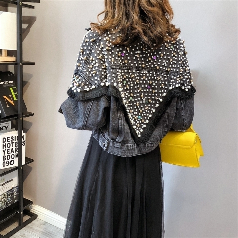 Chaquetas Mujer Autumn Streetwear Denim Jacket Women Handstudded Pearls Punk Tassel Veste Femme Loose Short Jeans Coats 220815, Black
Chaquetas Mujer Autumn Streetwear Denim Jacket Women Handstudded Pearls Punk Tassel Veste Femme Loose Short Jeans Coats 220815, Black