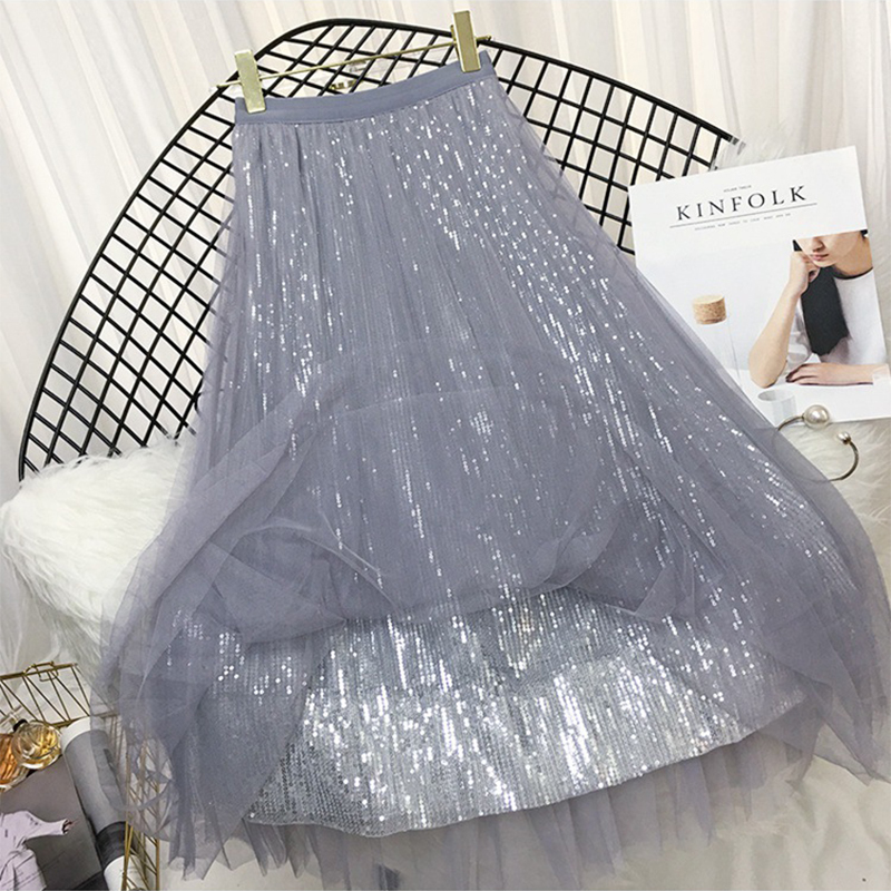Spring Summer Skirts Women Korea Long Tulle Sequined Pleated A Line Midi Chic High Waist Female 220317
