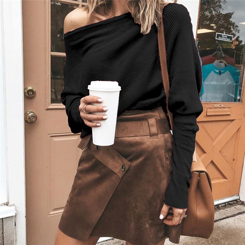 Tee Shirt Femme Autumn Sexy Off The Shoulder Long Sleeve Tops For Women T Casual One Rib 220714