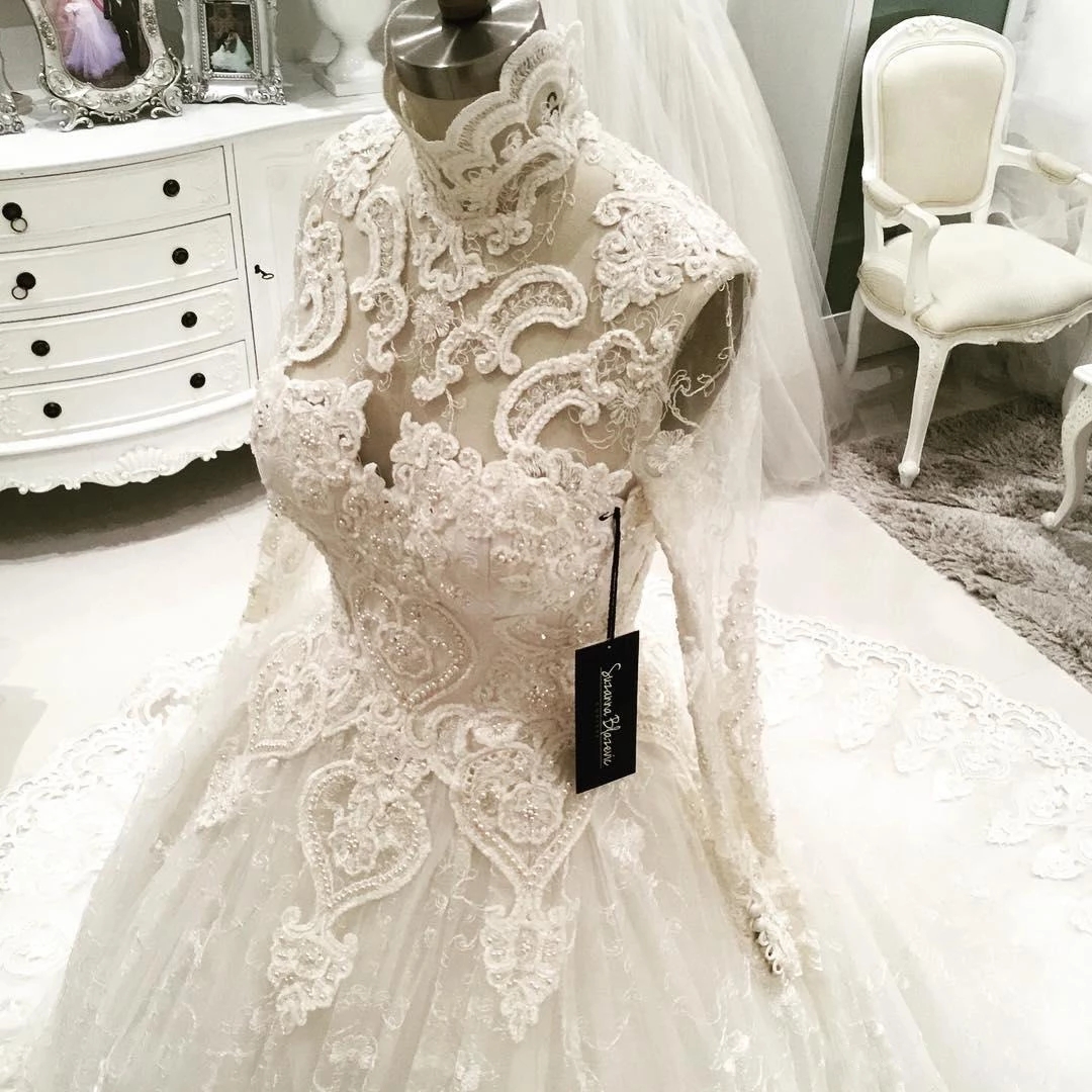 Ball Lace Classic ral Wedding Dresses Pear Saudi Arabia Dubai Bridal Gown Long Sleeve Princess Kafan Vestidos Novia