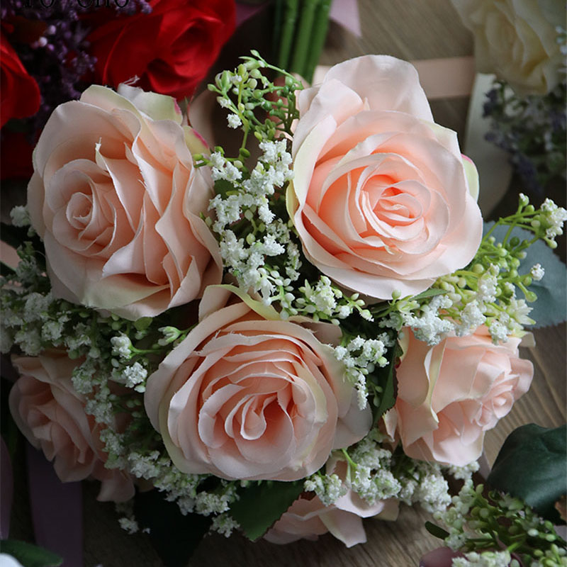 Red Bridesmaid Rose Baby's Breath Bouquet Flower Arrangement Bride Rose Bouquet Wedding Supplies DIY Home Party Prom Decor Flore