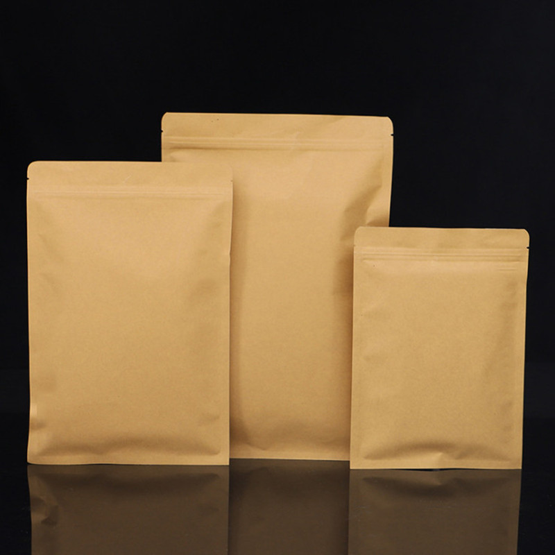 100pcs Resealable Flat Bottom Kraft Paper Zip Lock Packaging Bag Thick Foil Inlay Snack Candy Ground Coffee Nuts Tea Seeds Gifts Storage Pouches
