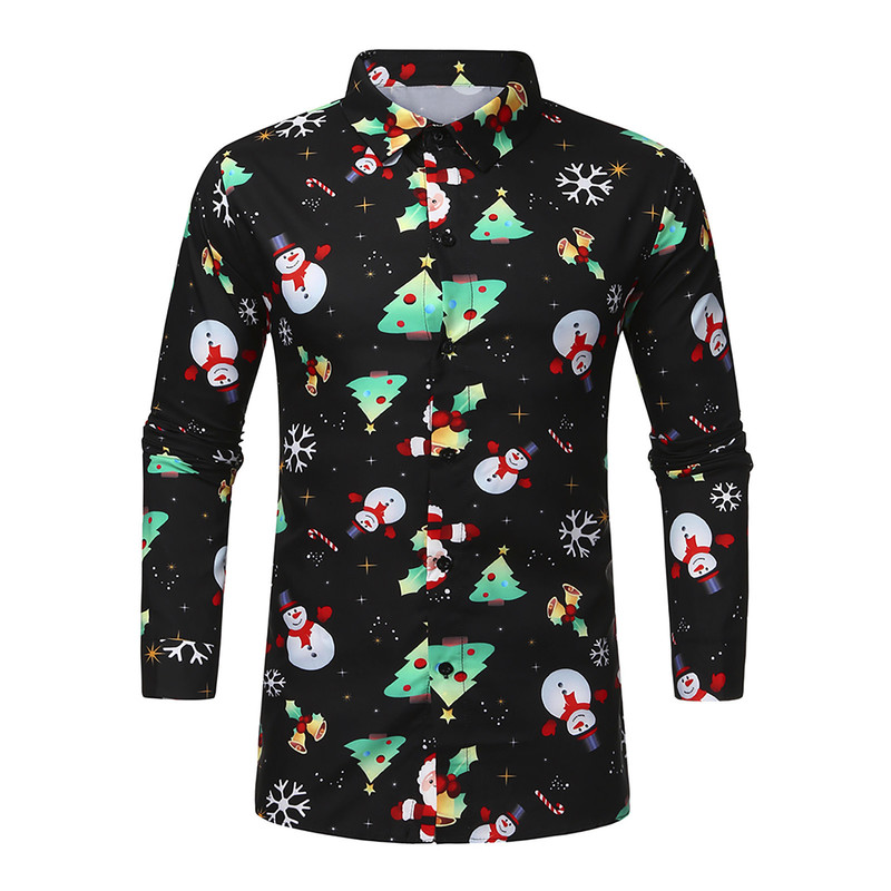 Christmas Deer Printed Blouse Mens Shirt Top Standing Collar Long-Sleeved Autumn Clothing For Man Ropa Hombre 220322