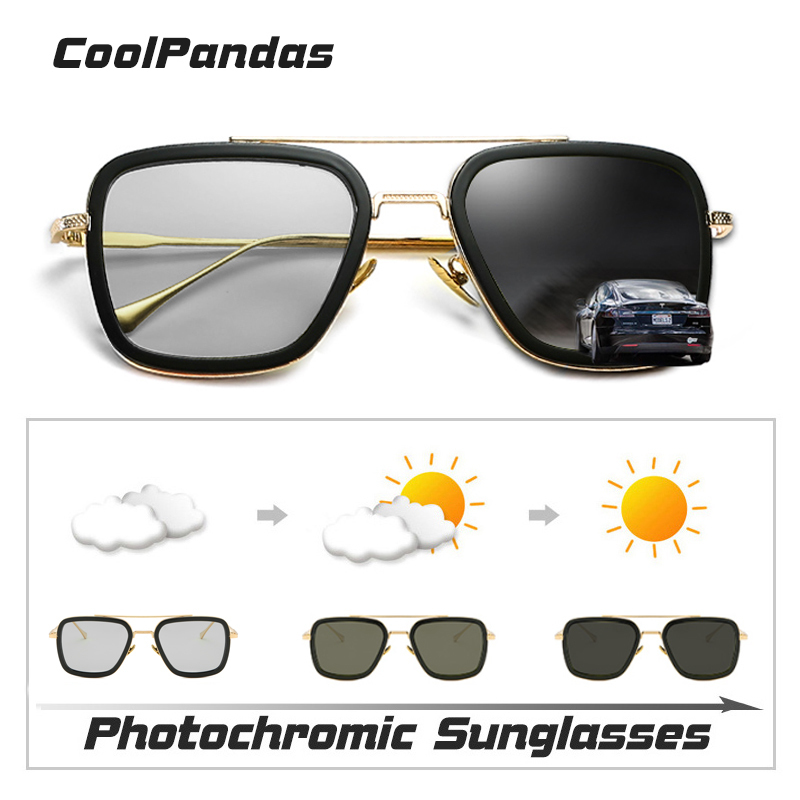 Top Quality Tony Stark Square Sunglasses Pochromic Polarized Men Glasses Steampunk Eyewear Driving Goggles zonnebril heren 220621