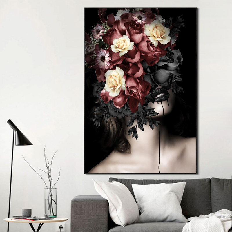Modern Fashion Art Girl With Flower Poster Wall Art Pictures for Living Room Portrait Posters and Prints Canvas Painting Modern Home Decor
