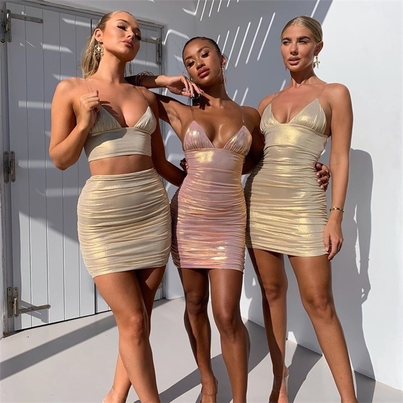 NATTEMAID Summer Pleated Gold Sexy Two Piece Set Top And Skirt Nightclub Sexy Women Set Ladies 2 Piece Set Women Outfits T200325