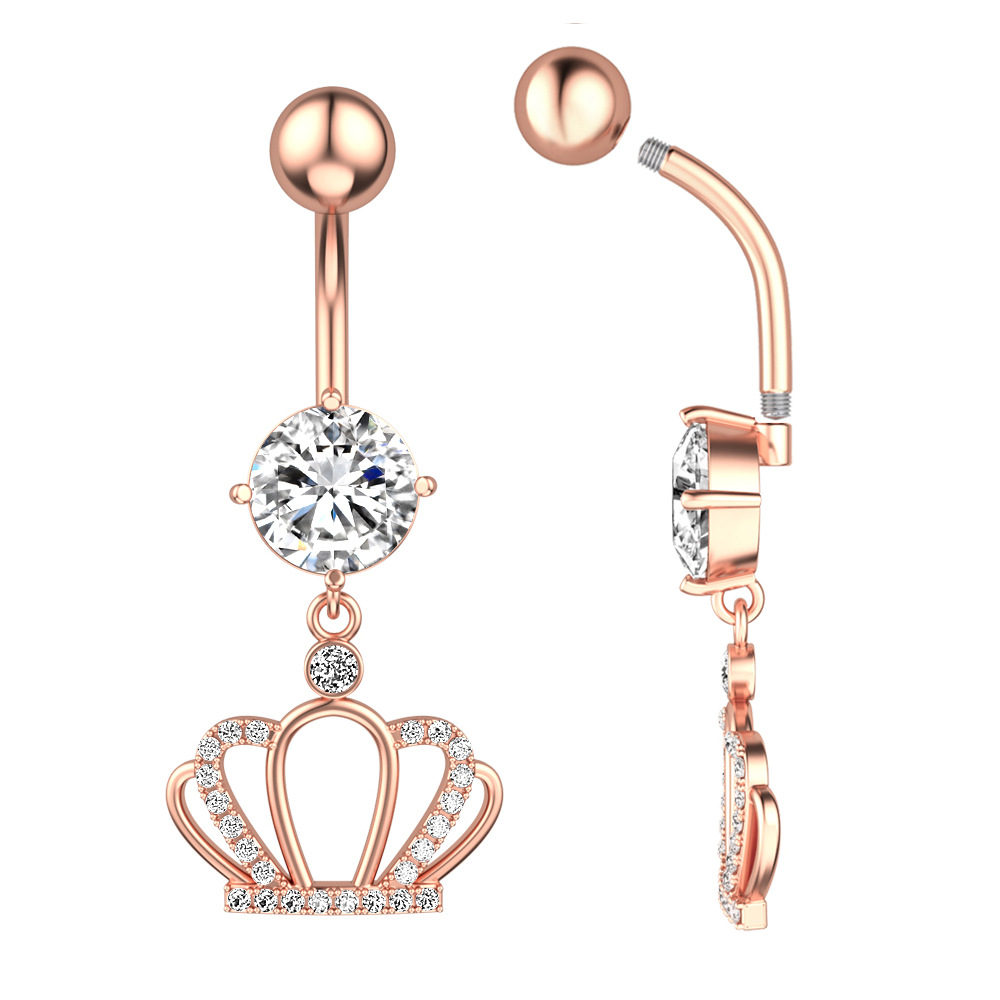 New Surgical Titanium Stainless Steel Belly Button Ring Diamond Butterfly Dangle Navel Barbell Stud for Women Rose Gold Cubic Zirconia Piercing Bling 