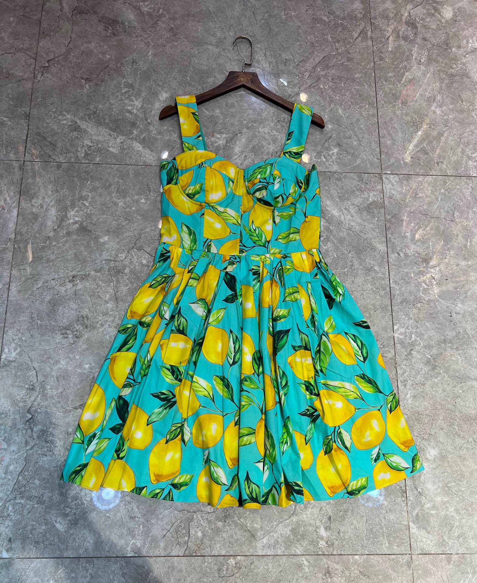 European luxury dress designer design green foundation makeup lemon cotton suspender dress