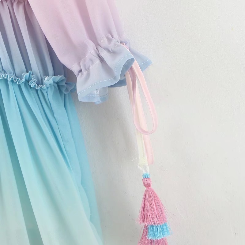 BOHO Gradient Rainbow Color Single-breasted Button Long Dress Sexy Women Holiday Wood ear Tassel Long Sleeve Ruffles Dresses 220511