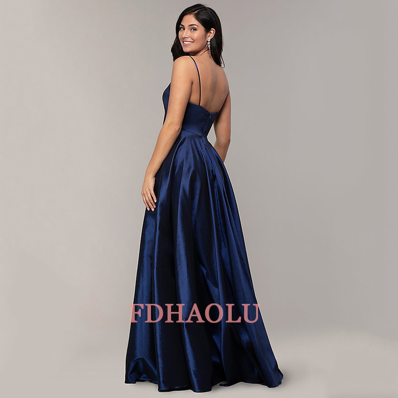 AE47 Vestido De Festa Navy Blue Long Prom Dresses Sexy V Neck Green Satin Evening Party Gown A-line 220429