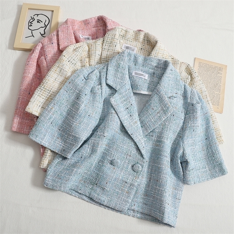 Temperament Allmatch Small Fragrant T Short Coat Jacket Women Lapel Doublebreasted Shortsleeved Crop Top Summer 220611