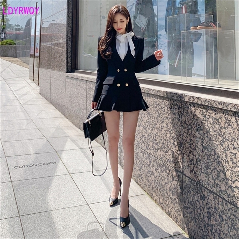 autumn and winter new Korean women's professional temperament suit collar doublebreasted Slim stitching ruffled dress 201008