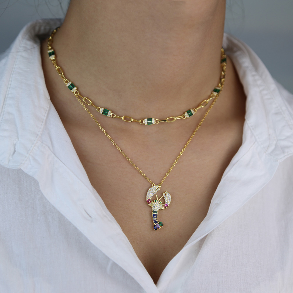 summer new gold green cz fashion jewelry cute lobster pendant necklace for women lady beach jewelry