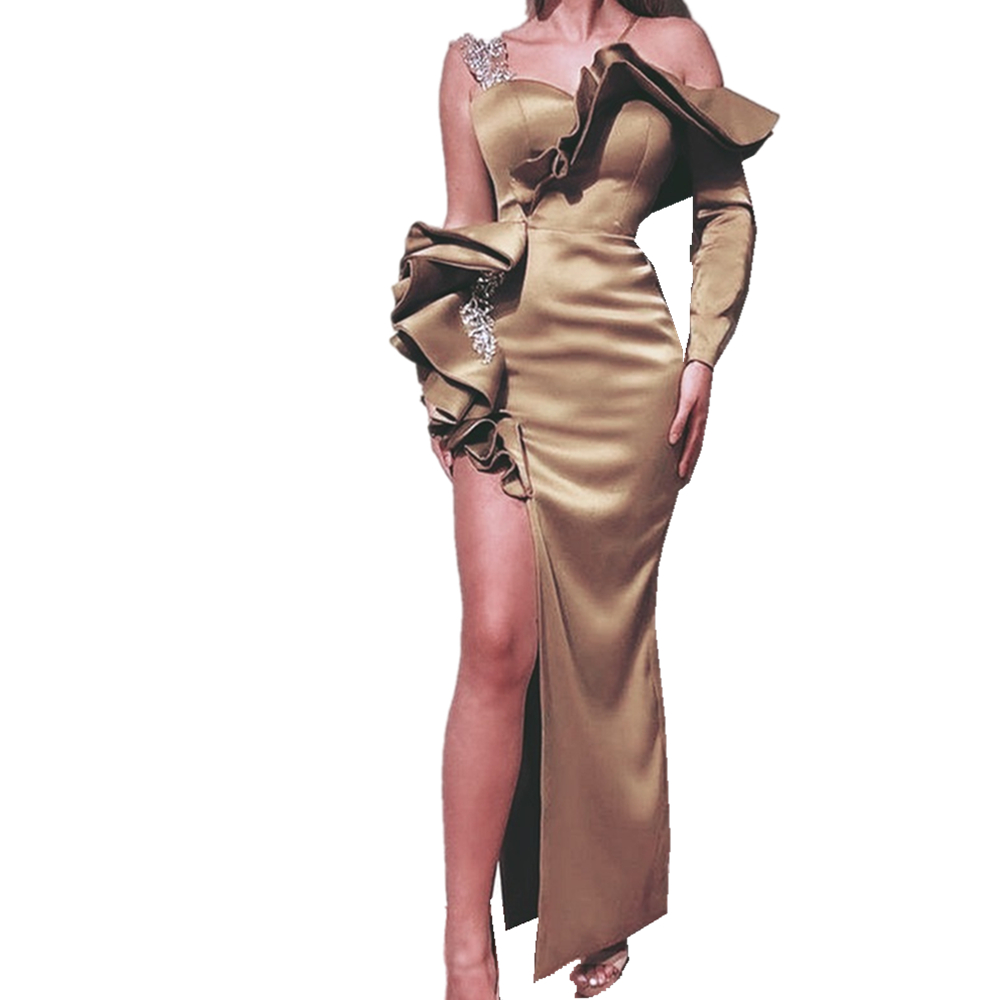 Sexy Ruffles Off Shoulder Prom Dresses Side High Slit Long Evening Gowns Appliques Beaded One Shoulder Satin Special Occasion Dress For Women 2022