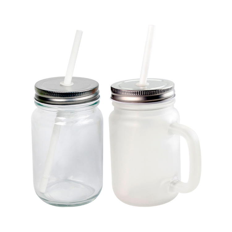 Sublimation Mugs 16oz Blank Clear Frosted Mason Jars with Handle for DIY Lovers Double Wall 430ml Glass Mugs Heat Transfer Printing Tumblers Lid Straw