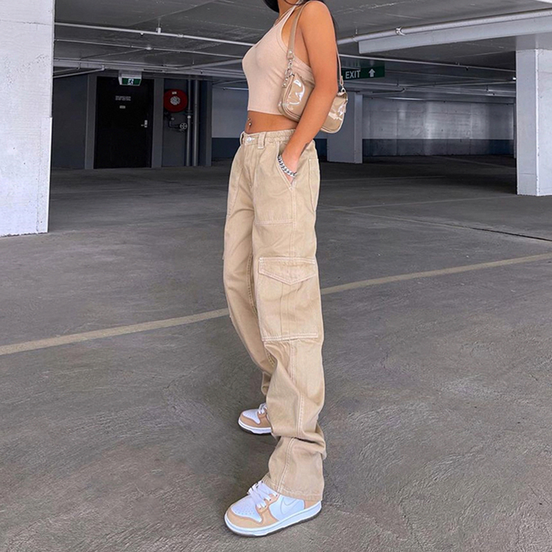 Vintage Khaki Wide Leg Cargo Pant High Waist Big Pockets Baggy Denim Trousers Y2K 90s Straight Oversize Sweatpants 220325
