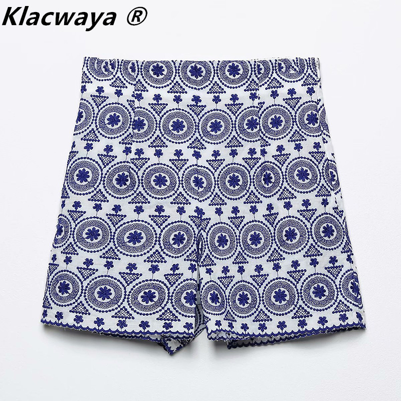 Klacwaya Women Blue Embroidery High Waist Shorts Fashion Lady Boho Style Shorts Vintage Side Zipper Chic Female Pants 220527
