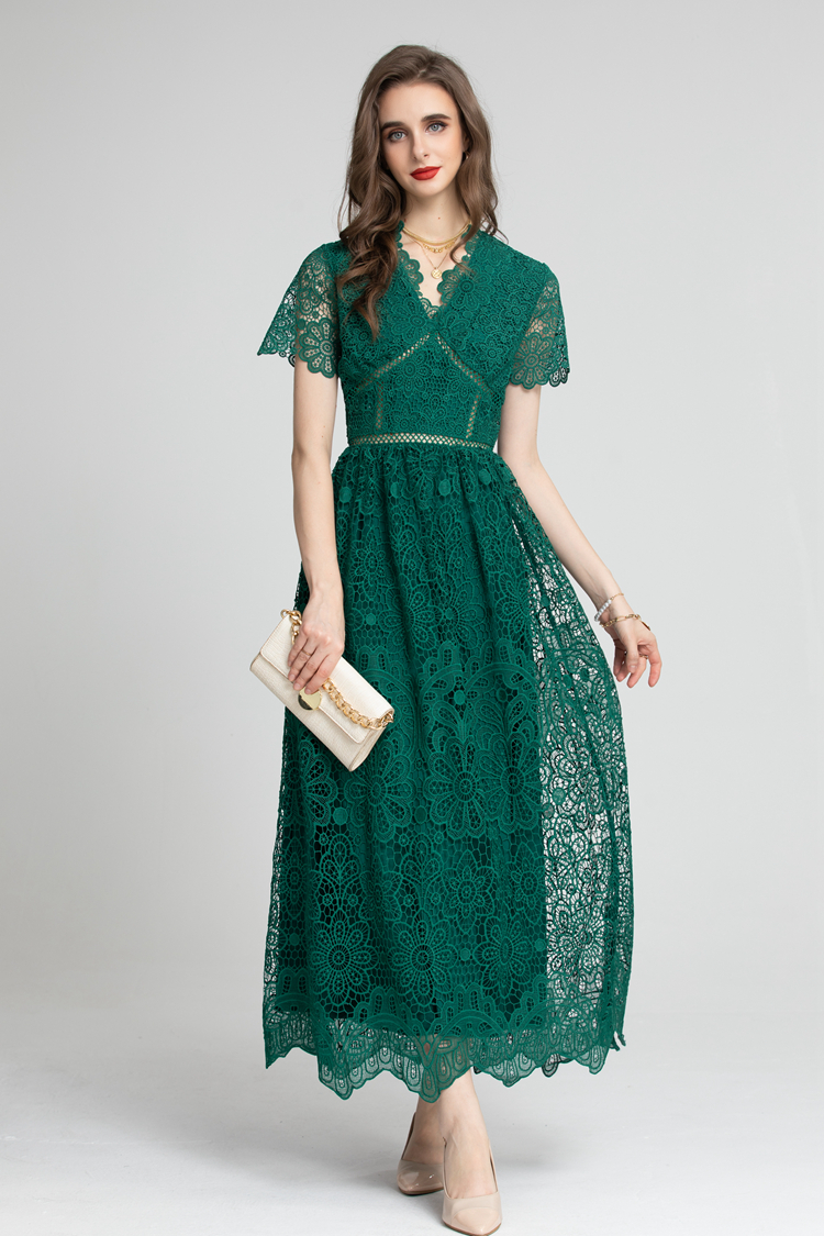 Women's Runway Dresses V Neck Short Sleeves Embroidery High Street Fashion European Style Lace Dress Vestidos