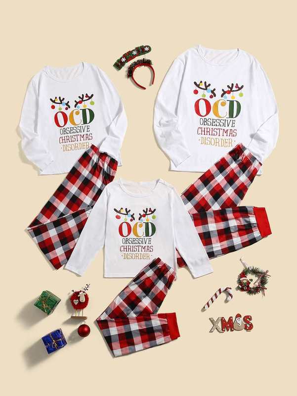 Toddler Boys 1pc Christmas Slogan Graphic Tee & 1pc Plaid Pants SHE