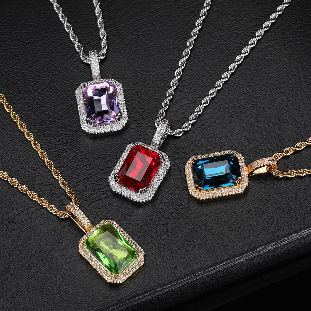Hip Hop Women's Jewelry Solid Square Color Stone Pendant Micro Set Zircon Women's Necklace