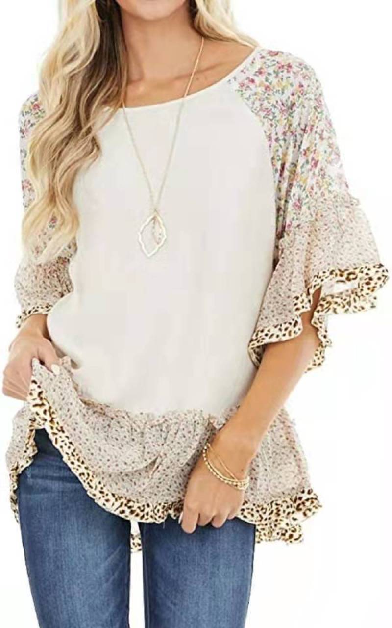 Casual Fashion Printed Lace Patchwork Leopard T shirt Spring Summer Half Flare Sleeve O neck Loose Top Women s Clothing 220728