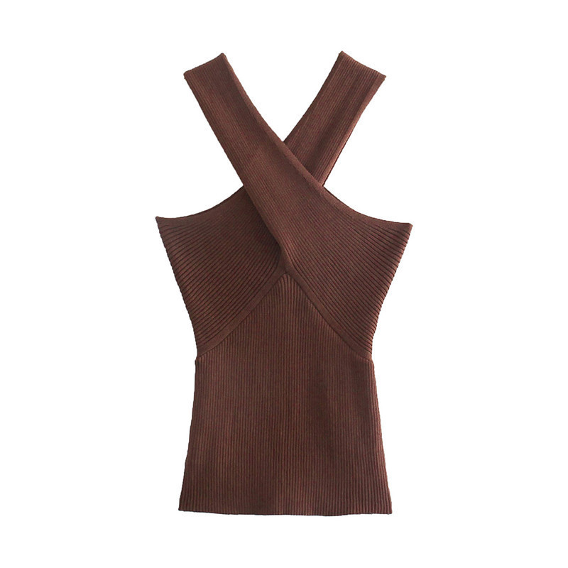 Women Strappy Cross Over Front Cut Out Halter Neck Sleeveless Backless Crop Top Bandage Vest Sexy Knitted Tops Woman Clothes 220325