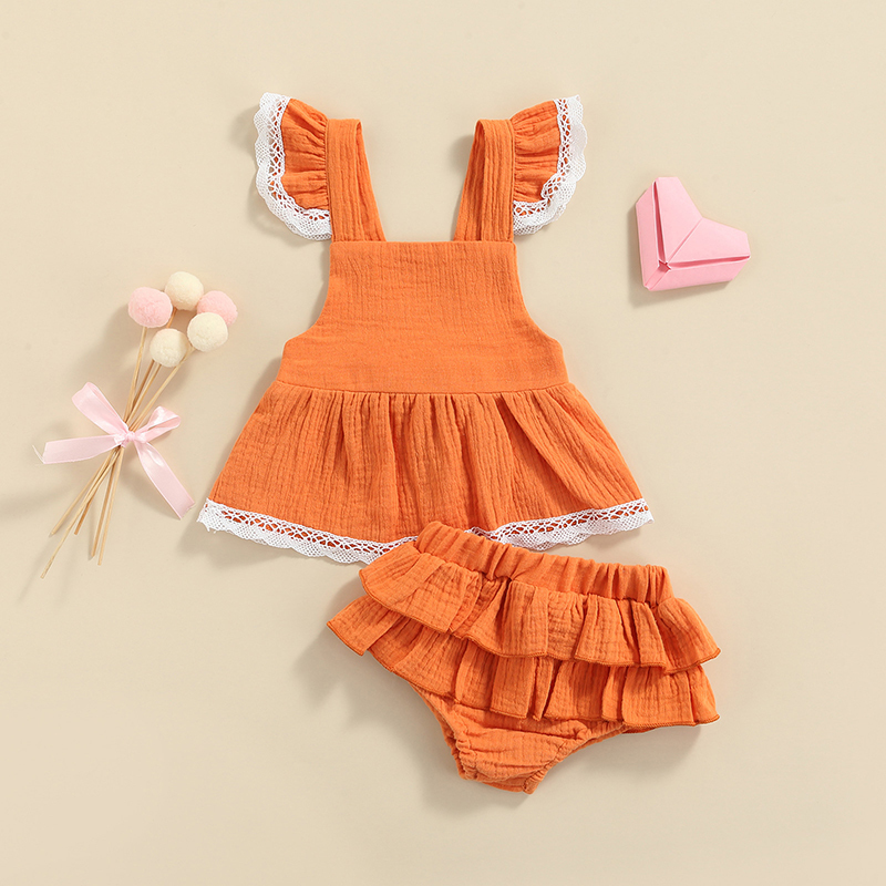 Sumemr born Baby Girl Clothes Set 2pcs Solid Lace Ruffles Sleeve Backless Tops DressLayered Tutu Shorts Cotton Linen Outfits 220607