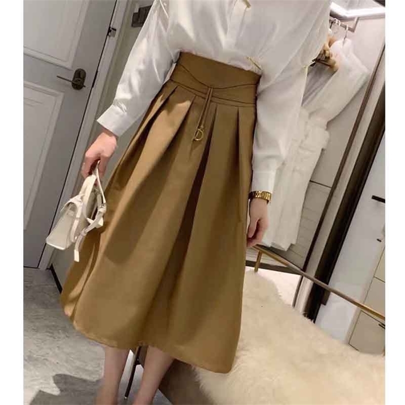 Cosmicchic Autumn Winter Women Solid Color Empire Midi Skirt D Metal Letter High Waist Elegant Aline Pleated Khaki Skirts T200324