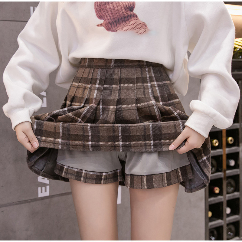 Women's Plaid Pleated Woolen A-line Mini Skirt High Waist Sweet Female Short s Winter Autumn Girls Preppy Style 220322
