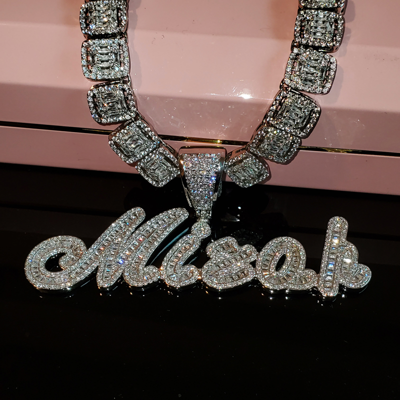 necklace moissanite chain Custom Brush Cursive Iced Out Letter Pendant Name Necklace Baguettes Chain Micro Paved CZ Personalized Hiphop Jewelry
