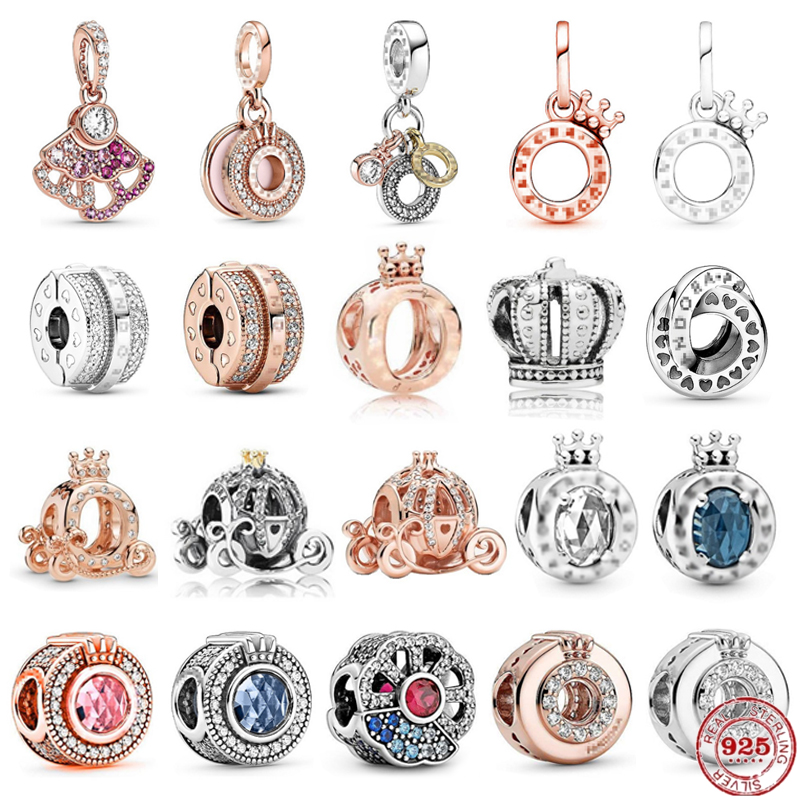 925 Silver Fit Charm 925 Bracelet fits original bracelet rose gold round crown charms set Pendant DIY Fine Beads Jewelry