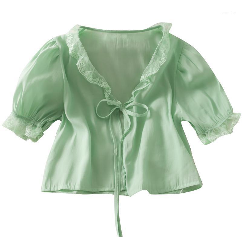 Women's Blouses & Shirts French Thin Section Micro-transparent Short Lace-up V-neck Sunscreen Wooden Ears Shirt, Green
Women's Blouses & Shirts French Thin Section Micro-transparent Short Lace-up V-neck Sunscreen Wooden Ears Shirt, Green