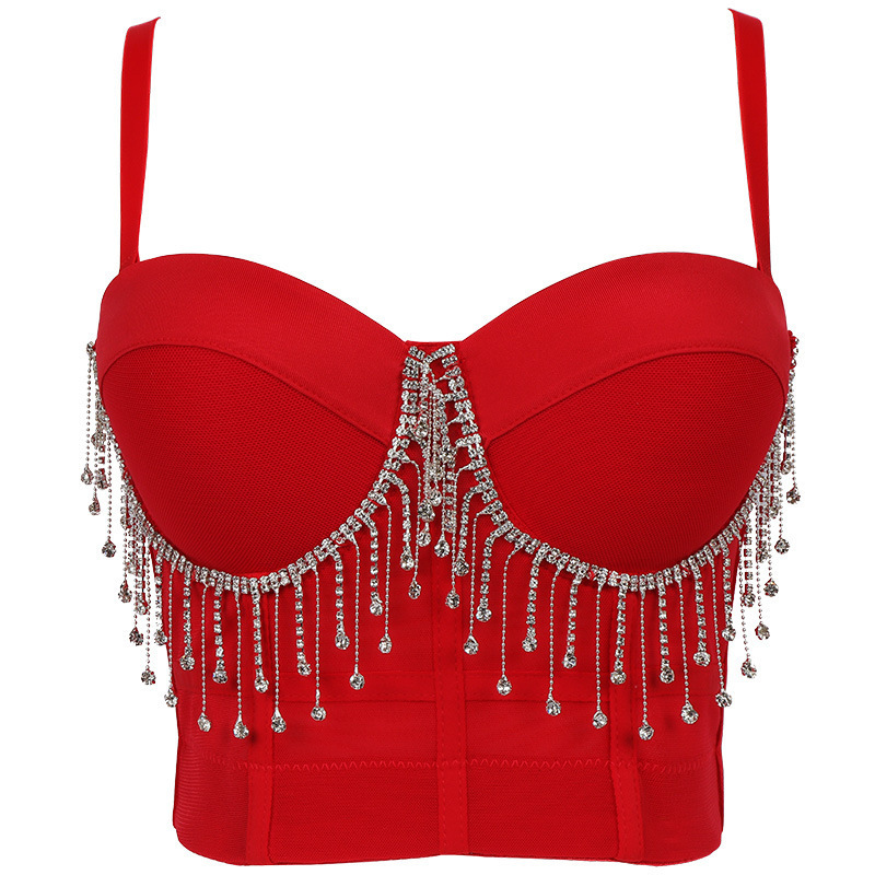 Women Camisole Top Diamond Crystal Tassels Solid Color Sexy Cropped Push Up Bustier Bra Night Club Party Tank 220325