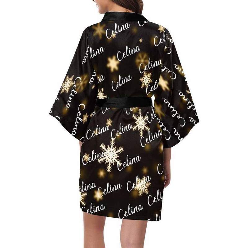Custom Name Heart Women Short Kimono Robe Black Background Personalized Gifts Female Indoor Autumn Soft Pajama Set Sleepwear 220621