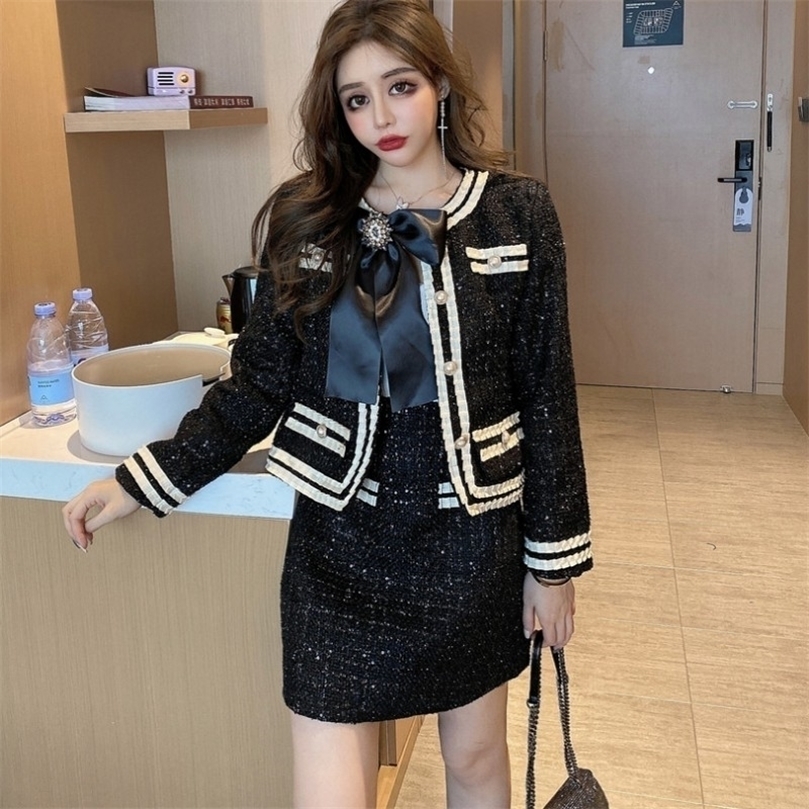 Arrival Runway Fall Winter Womens Sequins Pearl Buttons Bow Tie Tweed Jecket Top Coat High Waist Skirt 2 Piece Set Suit 220817