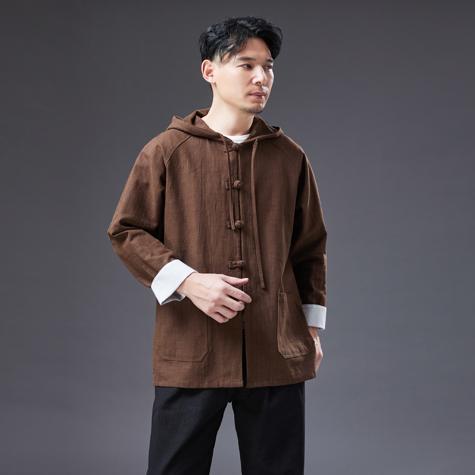 Improved ethnic clothing Hooded men's Tang Suit top Oriental costume Chinese traditional Hanfu male button outfit linen apparel