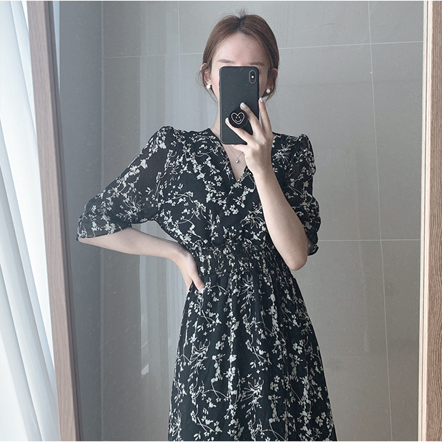 Vintage Korea Fashion Clothing Summer Slim Elastic Waist A Line V Neck Elegant Office Lady Floral Chic Chiffon Long Dress Retro 220510