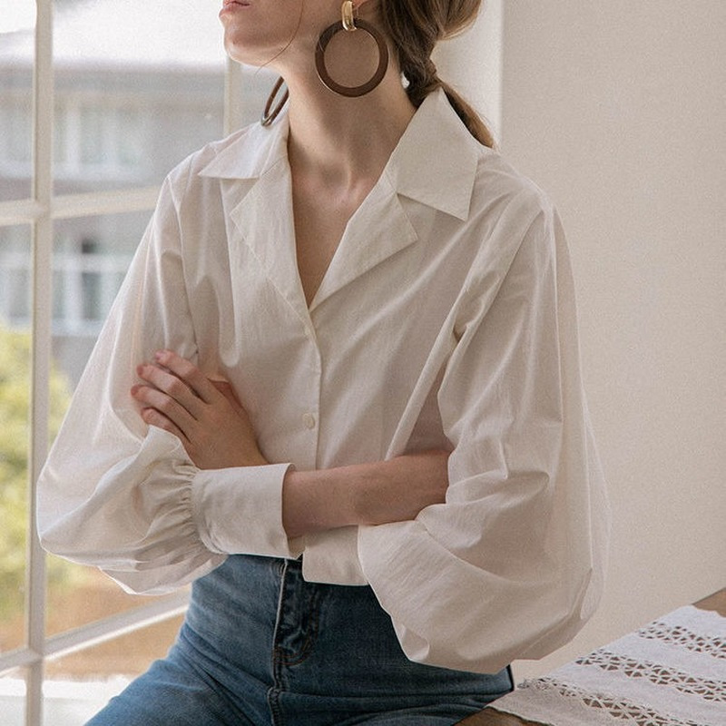 QWEEK Cotton White Blouse Women Lantern Sleeves Vintage Shirts Button Up Long Sleeve Top Spring Fashion Office Ladies Chic 220407