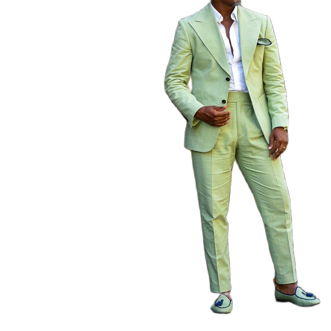 Men's Summer Linen Suits Tuxedos Single Breasted Wide Lapel For Wedding Suit Blazer Pant 2 Pieces