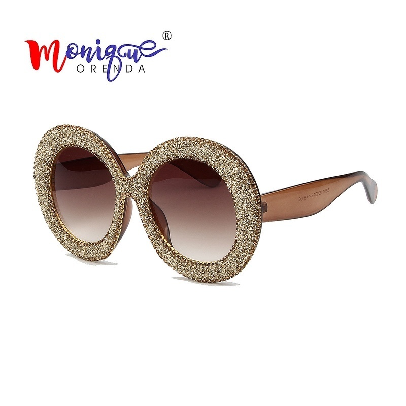 Luxury Oversized Sunglasses Women Vintage Rhinestones Sun Glasses Round Frame Gradient Mirror Shades for Women 220506
