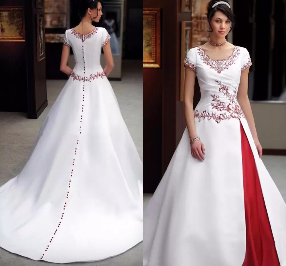 Vintage White And Red Wedding Dress 2022 Lace Embroidery Buttons Cap Short Sleeve A Line Stain Bridal Gowns Court Train Country Chapel Bride Dresses V
