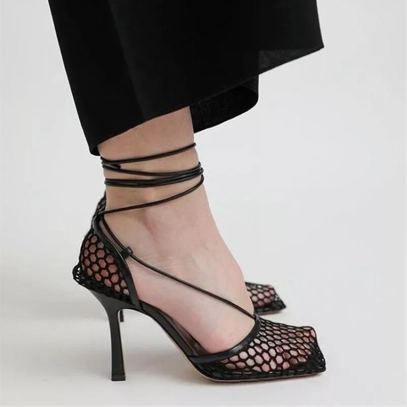 Sexy Green Mesh Women Pumps Sandals Female Square Toe high heels Lace Up Cross-tied Stiletto hollow Party Shoes Woman 220328