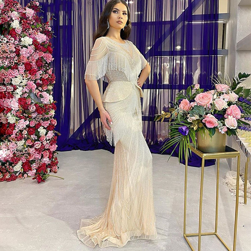 Luxury Dubai Crystal Tassel Silver Evening Dresses sparkly aso ebi Mermaid Arabic dubai peplum Long Gold Prom engagement reception Party Gown Yousef A