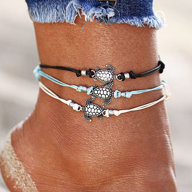 Adjustable Bohemian Ancient Silver Sea Turtle Anklet Bracelet Chain for Women Blue Black Wish Braided Rope Foot Chain Ankle Bracelets Summer Ocean Bea