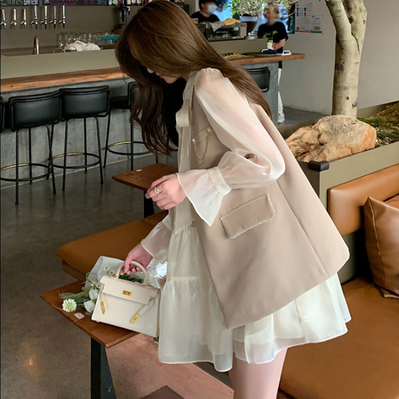 Vintage Maxi Dresses for Women Party Belt Bow Peter Pan Collar Office Lady French Flare Sleeve Woman Dress Vest Suit Autumn 220427